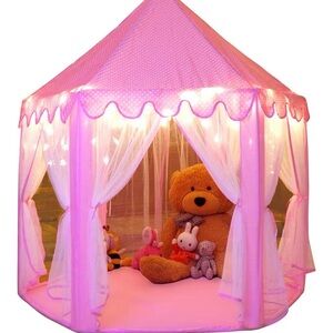 Kids Pink Play Tent Castle with Sheer Curtains